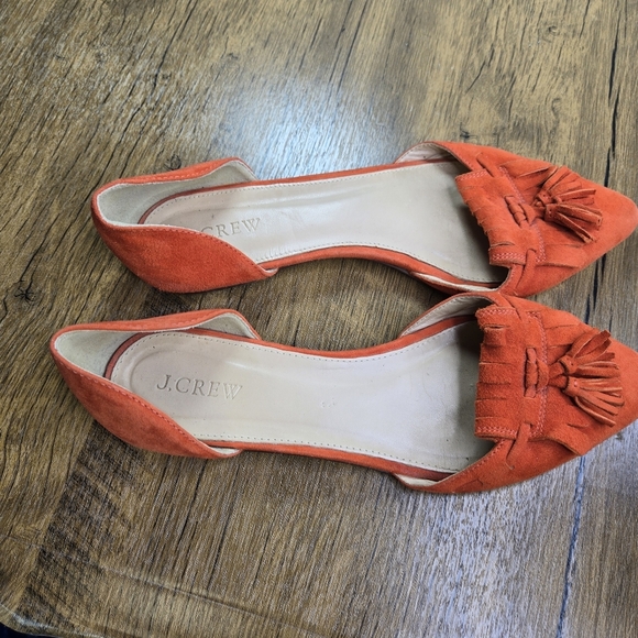 J. Crew Orange Red Suede Kilted Pointed Toe Dorsay Tassel Flats - Picture 5 of 13